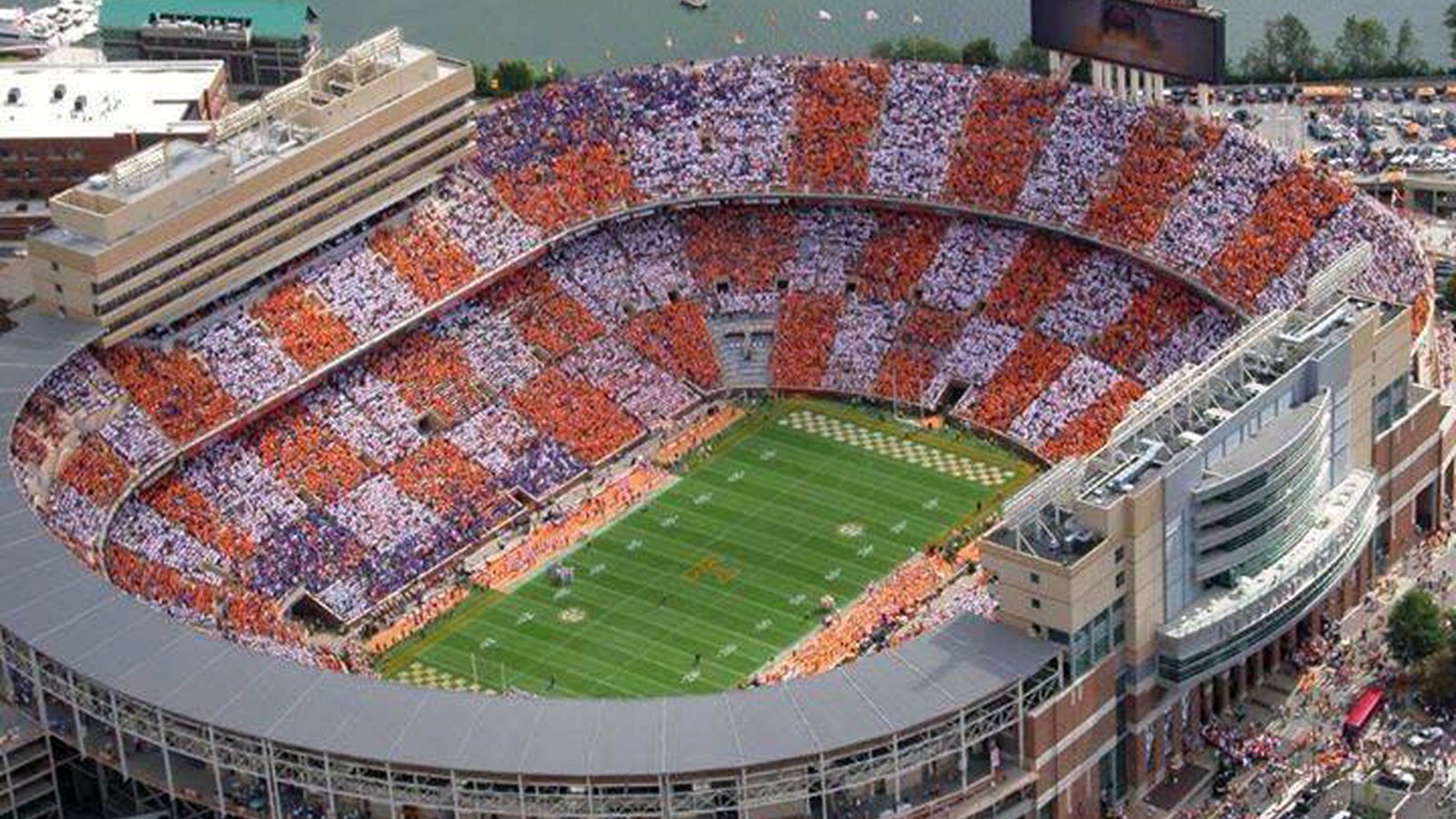 Aerial view of Neyland Stadium and its checkerboard end zones in Knoxville — Tennessee football, home of some of the best NFL players